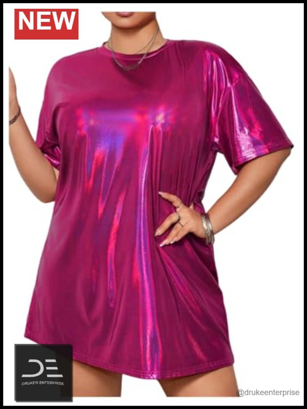 Plus Size Metallic PU Leather T Shirt Rave Club Night Out Dress